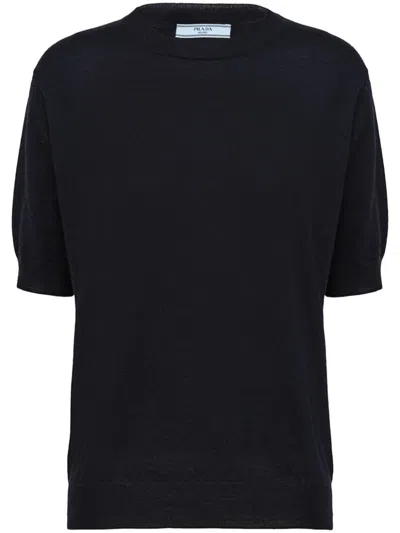 Prada Triangle Logo Cashmere Knitted Top With Ribbed Cuffs In Black