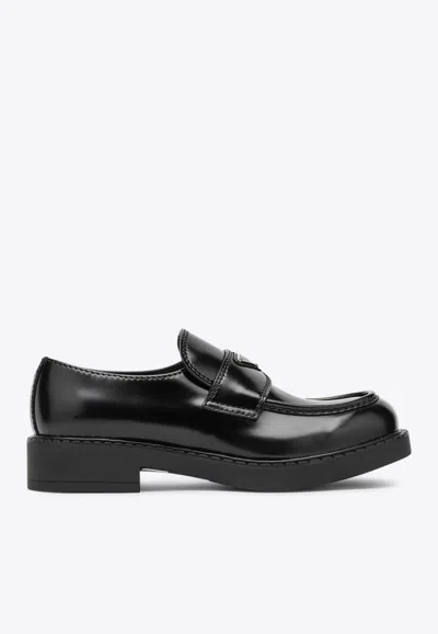 Prada Triangle Logo Chocolate Brushed Leather Loafers In Black