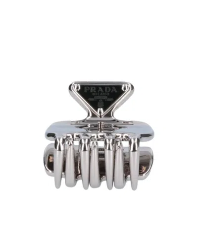 Prada Triangle-logo Claw Hair Clip In Gray