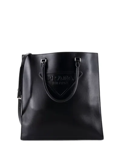 Pre-owned Prada Triangle Logo Convertible Open Leather Medium Tote Bag In Black