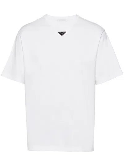 Prada Men's T-shirt With Enameled Triangle Logo In Bianco