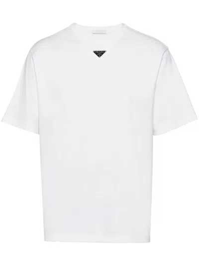 Prada Men's T-shirt With Enameled Triangle Logo In White