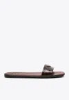 Prada Triangle-logo Embossed-crocodile Slides In Brown