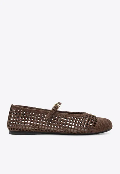 Prada Triangle Logo Crochet Knit Ballet Flats In Brown