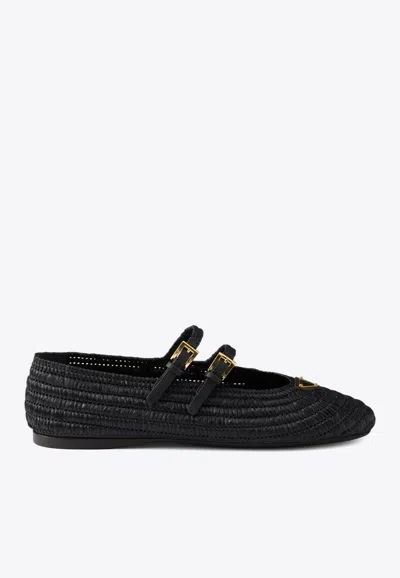 Prada Woven Flat Shoes With Adjustable Gold-tone Straps In Black