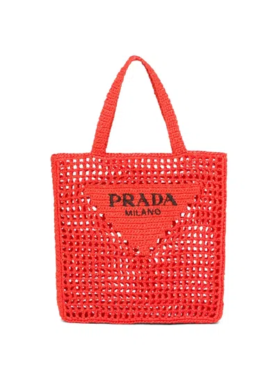 Prada Triangle-logo Crochet Raffia Tote Bag In Orange
