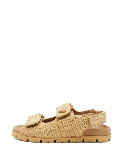 Pre-owned Prada Triangle Logo Crochet Sandals In Neutrals