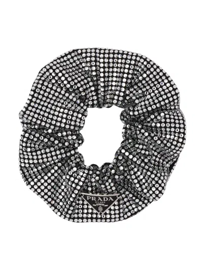 Prada Triangle-logo Crystal-embellished Scrunchie In Black
