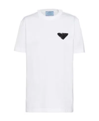 Prada Triangle-logo Crystal-embellished T-shirt In White