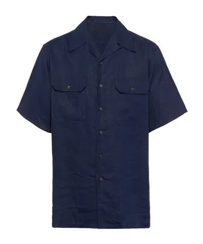 Prada Short-sleeved Linen Shirt In Blue