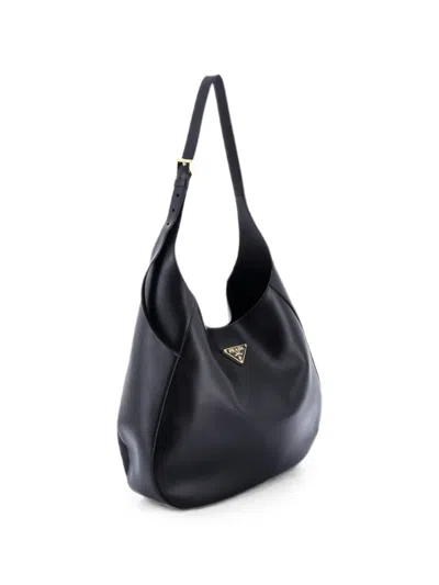Pre-owned Prada Triangle Logo Curved City Calf Large Hobo Bag In Black
