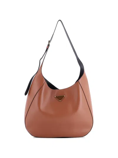 Pre-owned Prada Triangle Logo Curved City Calf Large Hobo Bag In Brown