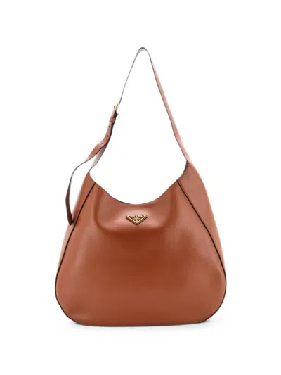 Pre-owned Prada Triangle Logo Curved City Calf Large Hobo Bag In Brown