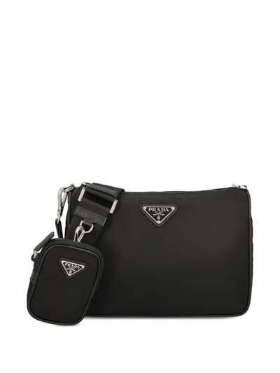 Prada Triangle Logo Detachable-pocket Shoulder Bag In Black