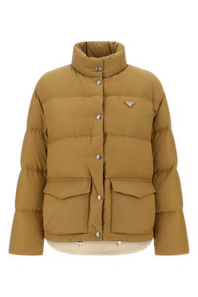 Prada Triangle Logo Down Jacket In Brown