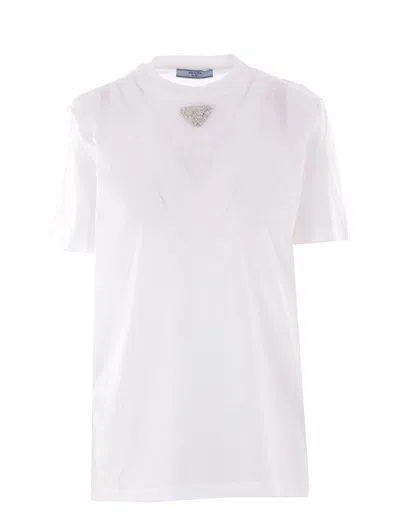 Prada Triangle-logo Embellished Crewneck T-shirt In White