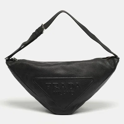 Pre-owned Prada Triangle Logo Embossed Black Vitello Dain Leather Bag