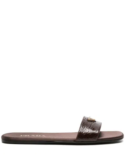 Prada Triangle Logo Croc-embossed Leather Flat Sandals In Brown