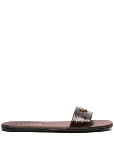 Prada Triangle-logo Embossed-crocodile Slides In Cacao