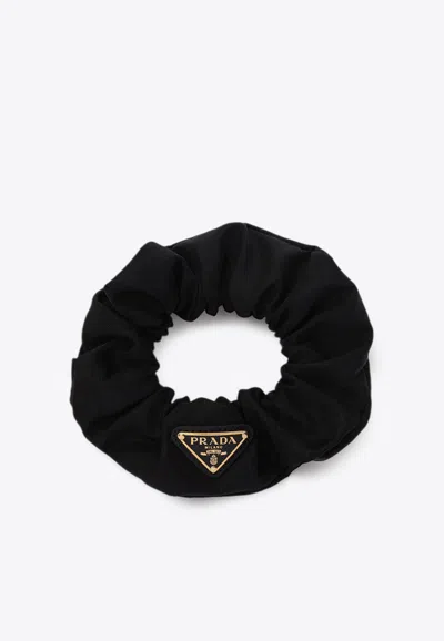 Prada Triangle Logo Enamel Scrunchie In Black