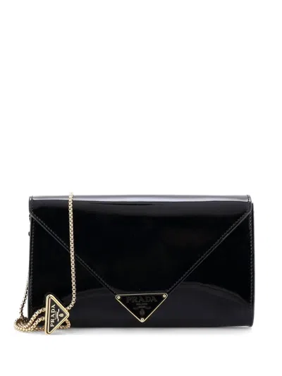 Pre-owned Prada Triangle Logo Envelope Chain Patent Mini Clutch Bag In Black
