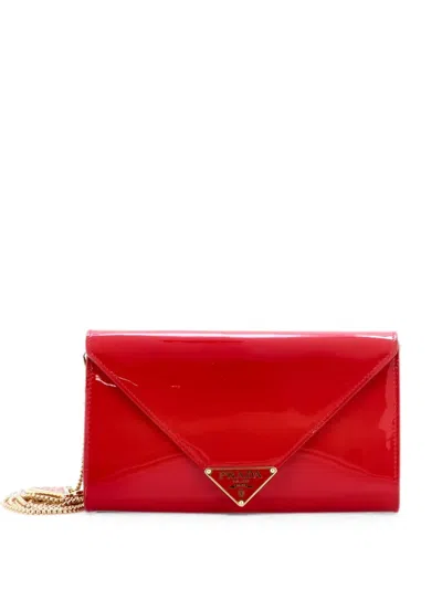 Pre-owned Prada Triangle Logo Envelope Chain Patent Mini Clutch Bag In Red
