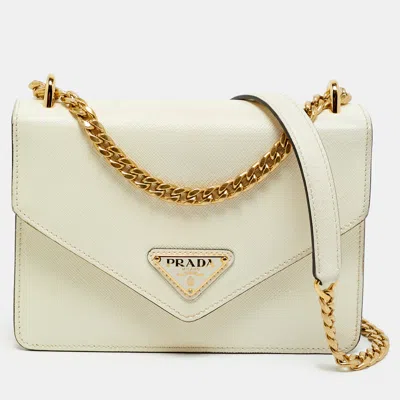 Pre-owned Prada Triangle Logo Flap White Saffiano Lux Leather Chain Clutch