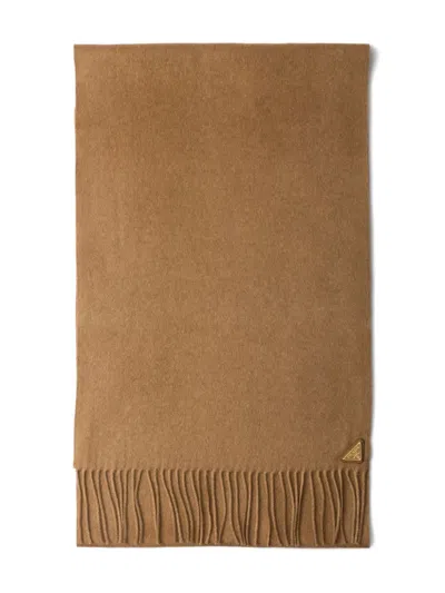 Prada Triangle-logo Fringed Scarf In Brown