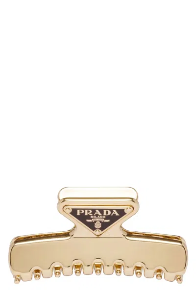 Prada Triangle Logo Hair Clip In Gold
