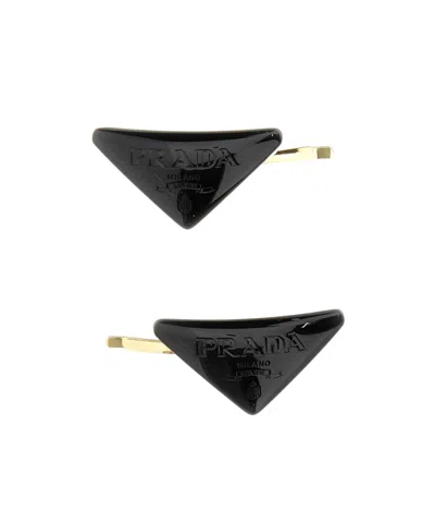 Prada Triangle Logo Hair Clips In Black