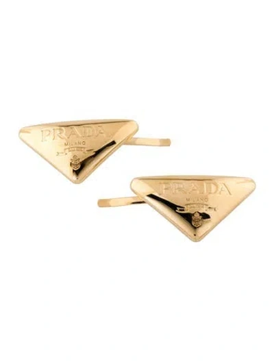 Pre-owned Prada Triangle Logo Hair Clips In Gold