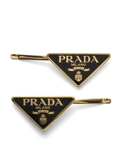 Prada Metal Hair Clip Set With Logoed Triangle In Black