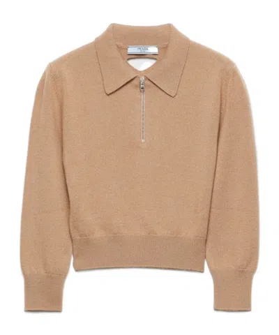 Prada Triangle-logo Half-zip Sweater In Brown