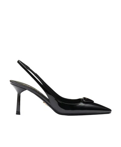 Prada 75mm Triangle-logo Leather Pumps In Black