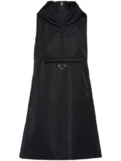 Prada Triangle Logo Hooded Minidress In Black