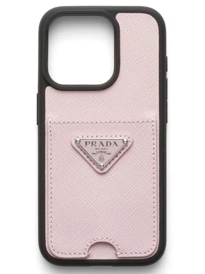 Prada Triangle Logo Iphone 15 Pro Case In Pink