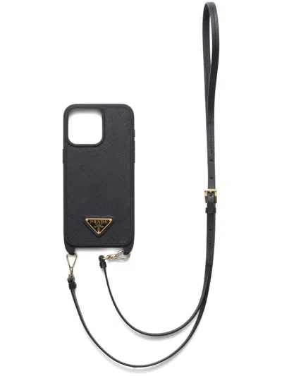 Prada Triangle Logo Iphone 15 Pro Max Case In Black