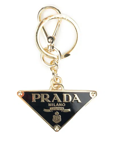 Prada Saffiano Leather And Metal Keychain In Black