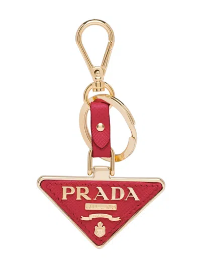 Prada Saffiano Leather And Metal Keychain In Red