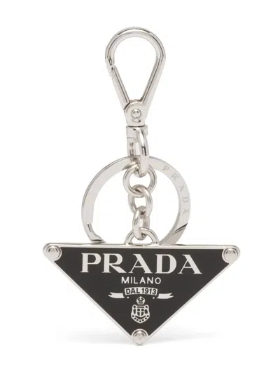 Prada Two-tone Leather And Metal Keychain In Silver