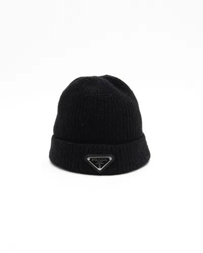 Prada Triangle Logo Knit Beanie In Black
