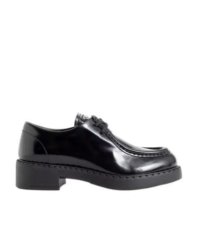 Prada Triangle-logo Lace-up Leather Shoes In Black
