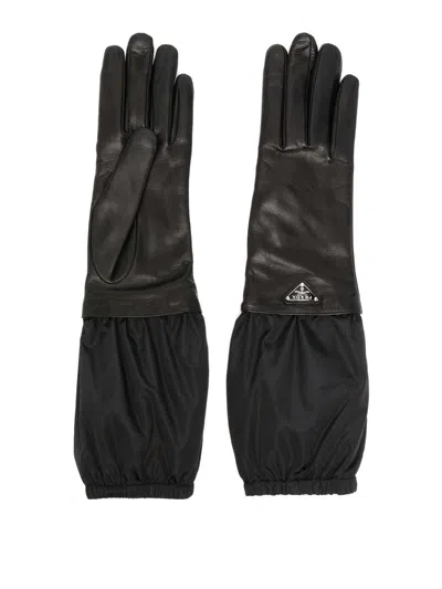 Prada Wrist Elasticated Leather Palm Gloves In Black