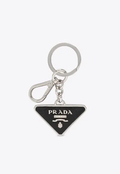 Prada Triangle Logo Leather And Metal Key-ring In Black