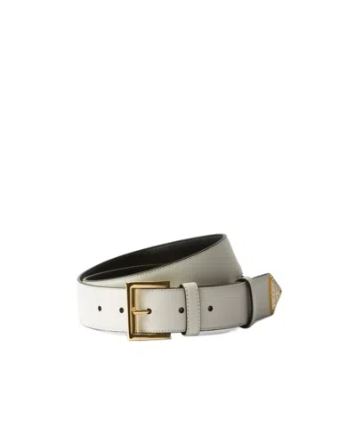 Prada Triangle-logo Leather Belt In White Gold