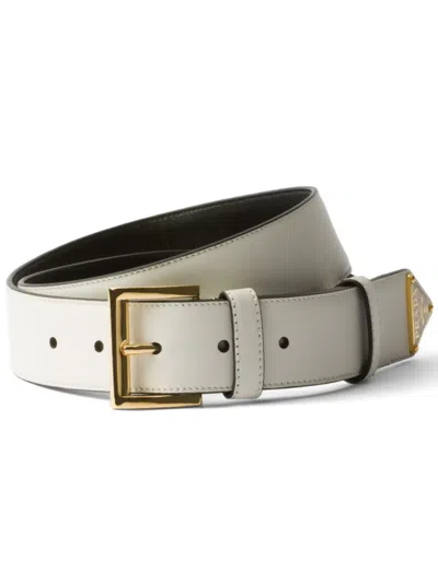 Prada Triangle-logo Leather Belt In White Gold