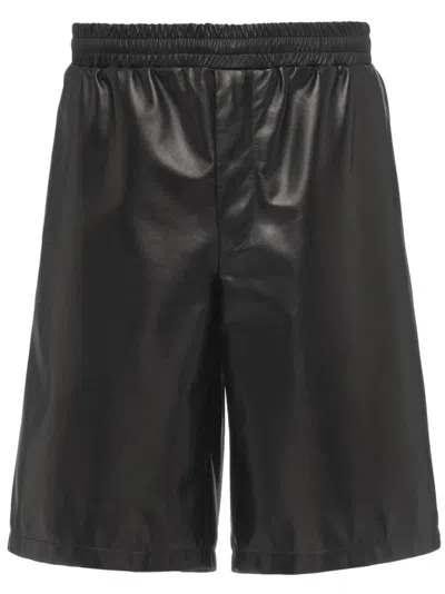 Prada Triangle-logo Leather Shorts In Black
