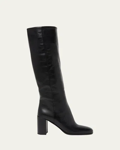 PRADA TRIANGLE LOGO LEATHER BLOCK-HEEL KNEE BOOTS