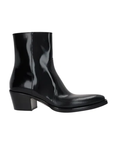 Prada Brushed Leather Camperos Boots In Black