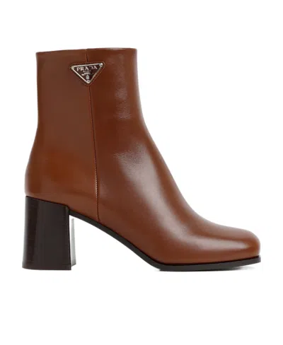 Prada Triangle-logo Leather Boots In Brown